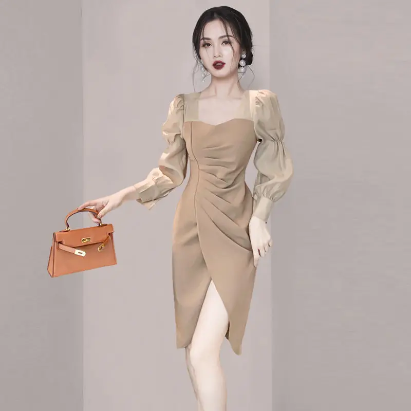 

Women 2021 Spring Autumn Fashion Sexy Split Dresses Female New Long-sleeved Slim Dress Ladies Patchwork Package Hip Vestidos L22