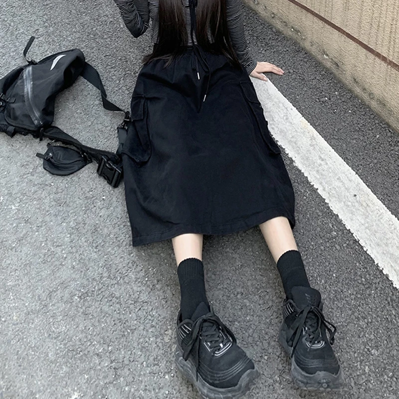 

Summer Harajuku Suit Women's 2021 New Mid-Length Black High Waist Loose A- line Long Skirt