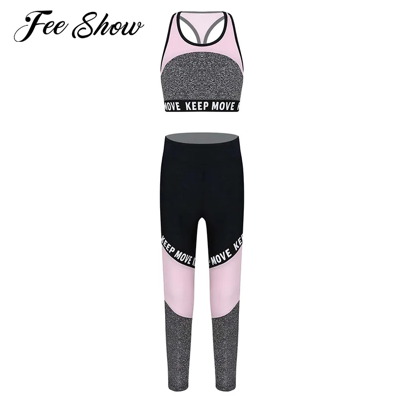 

Kids Girl Sportswear Clothing Set Yoga Tracksuit for Children Sleeveless Hollow Back Crop Top with Pants Patchwork Sports Suit