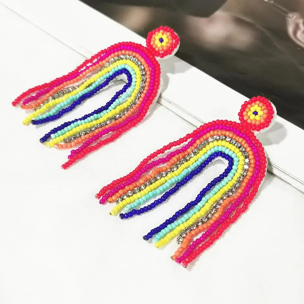Женские серьги кисточки с радужными бусинами MANILAI Разноцветные длинные ручной
