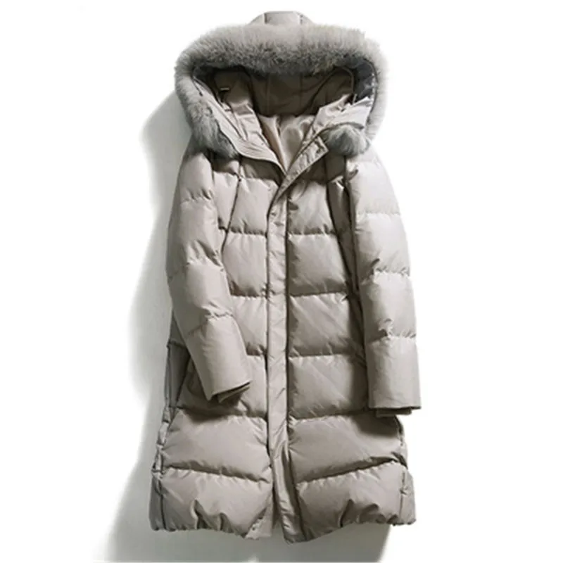 Down Jacket 2020  Big Size Women's Winter High-End Fashion Long Hooded Thick White Goose Down Fox Fur Collar Women's Down Jacket