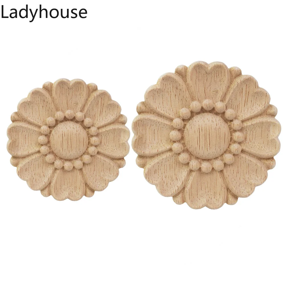 

6PCS 8/10cm Wood Carving Round Decal Furniture Wooden Applique Onlay Home Door Decoration Accessories for Living Room