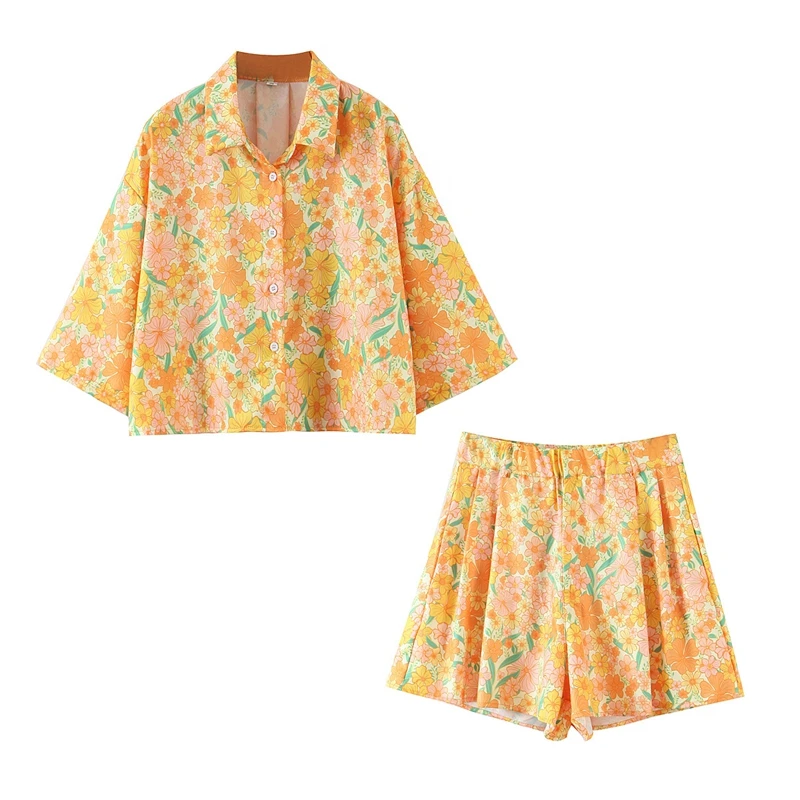 

Women Blouse Shorts Two Piece Sets Floral Loose Summer Shorts Outfits Wide Leg Shorts Sets