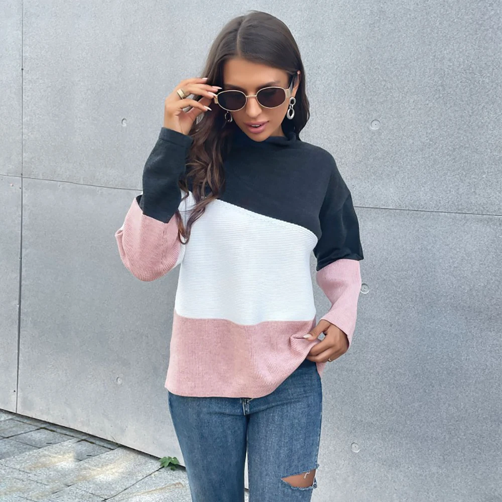 

Women's Sweater Autumn Winter New Color Matching Half-High Neck Bottoming Long Sleeve Pullovers Knitted Sweater Jumper Tops