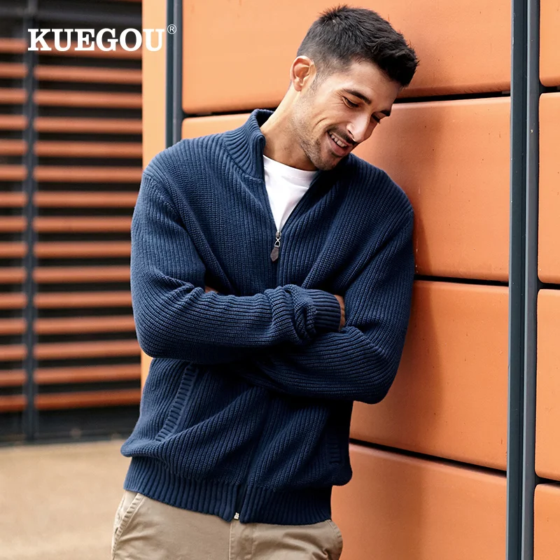 

KUEGOU 2022 Autumn Winter New Men's Cardigan 100% Cotton Warm Knitted Coats Fashion High Quality Sweater Outwear Plus Size 8947