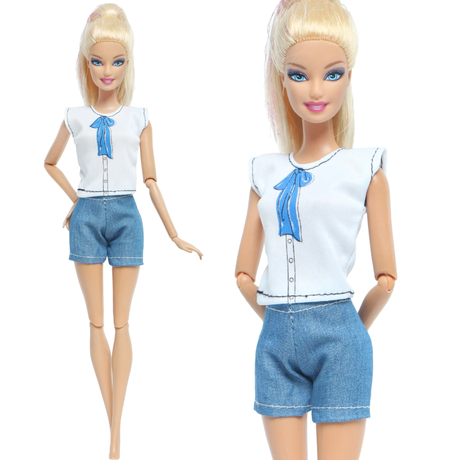 1 Сет Ручной работы повседневный наряд с голубым рисунком банта на футболке и шорты. Аксессуары для куклы Барби. Игрушка для детей.