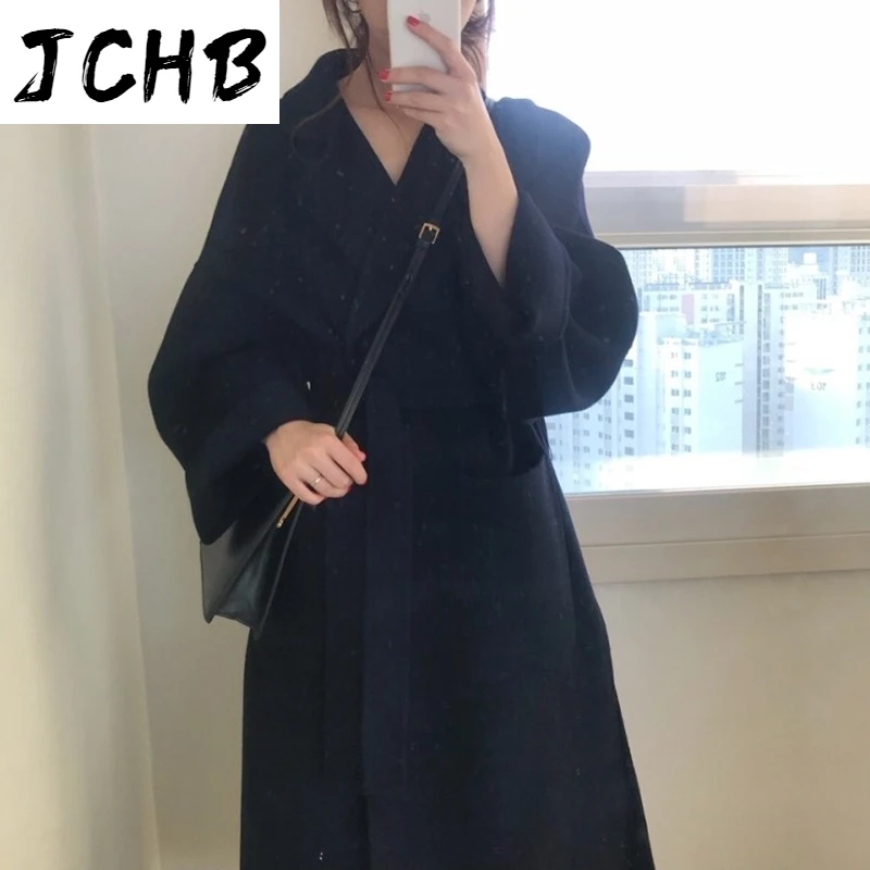 

SHZQJCHB Elegant Solid Long Wool Coat Women Batwing Long Sleeve Loose Pocket Coat Split Hem Chic Stylish Jacket Winter Autumn