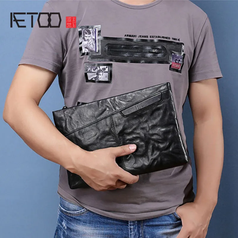 AETOO Men's first layer leather handbags, leather clutches, large-capacity business clutches