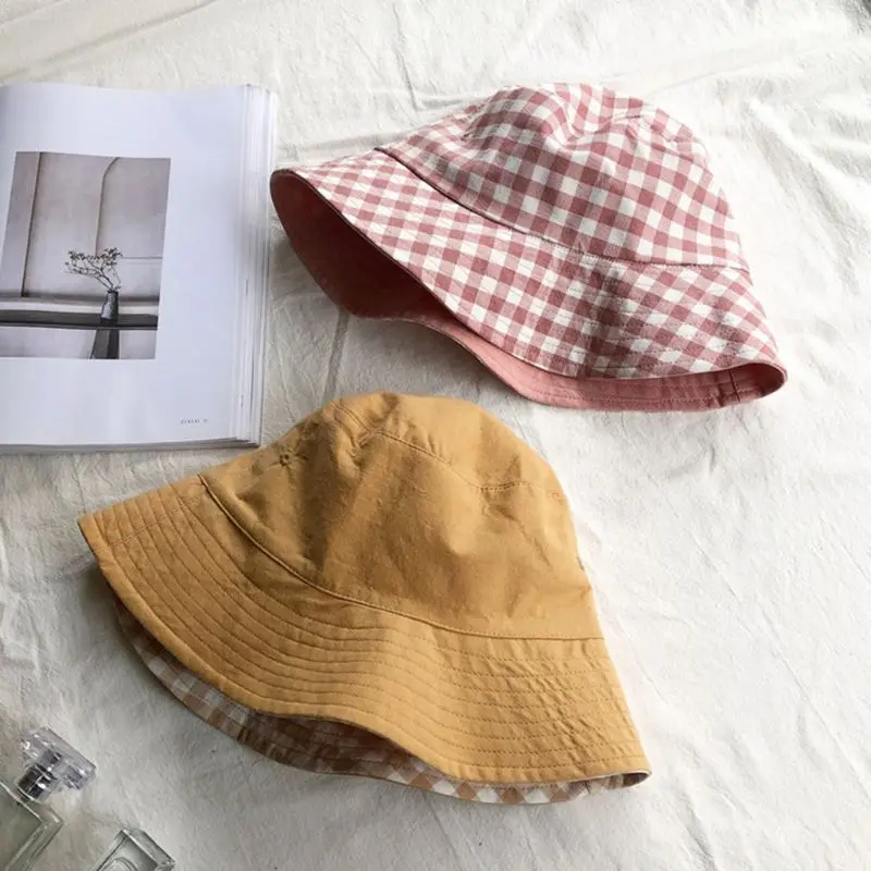 

Japanese Women Girls Summer Reversible Bucket Hat Sweet Plaid Check Printed Sunscreen Packable Casual Lounge Fisherman Cap