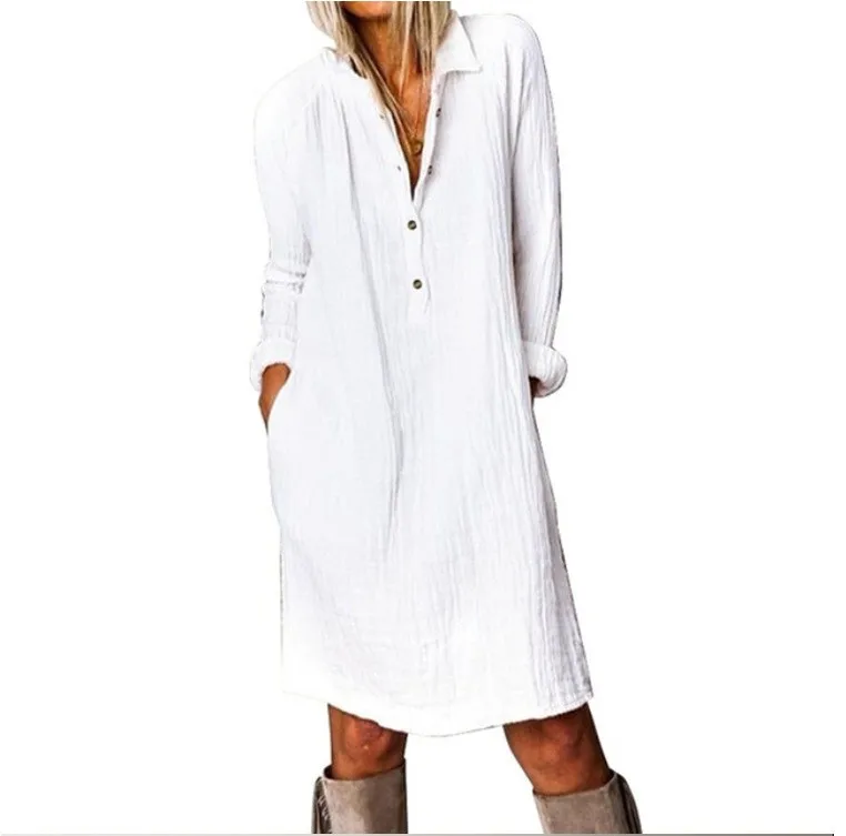 

Dresses For Women Casual Fashion Loose Solid Color Straight White Dress Cotton Linen Lapel Shirt Midi Dress Vestidos De Mujer