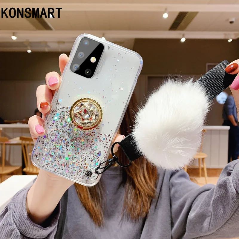 

Чехол KONSMART для Samsung Galaxy A51, A71, A81, A91, блестящий роскошный прозрачный чехол со звездочками, с ремешком для волос, для Samsung A91, A81, A71, A51