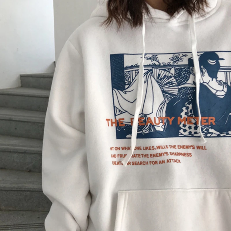 Толстовка Женская зимняя плюс бархатная Толстая теплая печатная Свободная Женская толстовка универсальная простая уличная стильная Студенческая модная повседневная