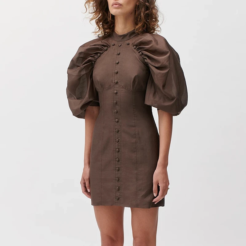 Летнее винтажное женское платье на пуговицах с высокой талией мини-туника