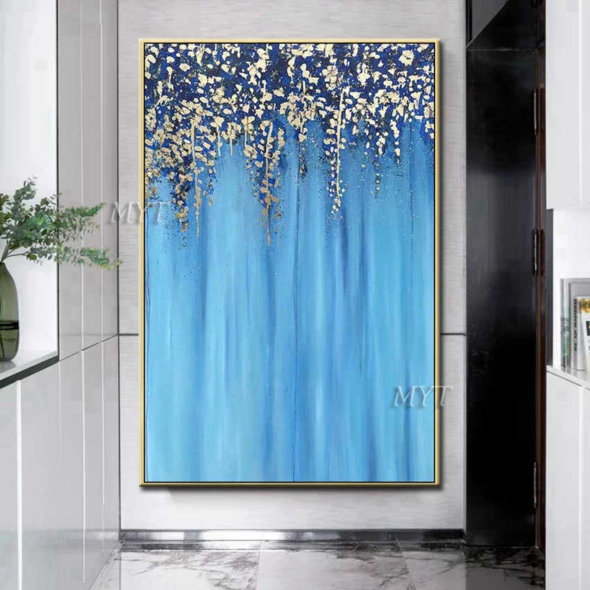 Золотые цветы и растения висят сверху ручной работы картина на холсте в современном стиле домашнего декора красивая.