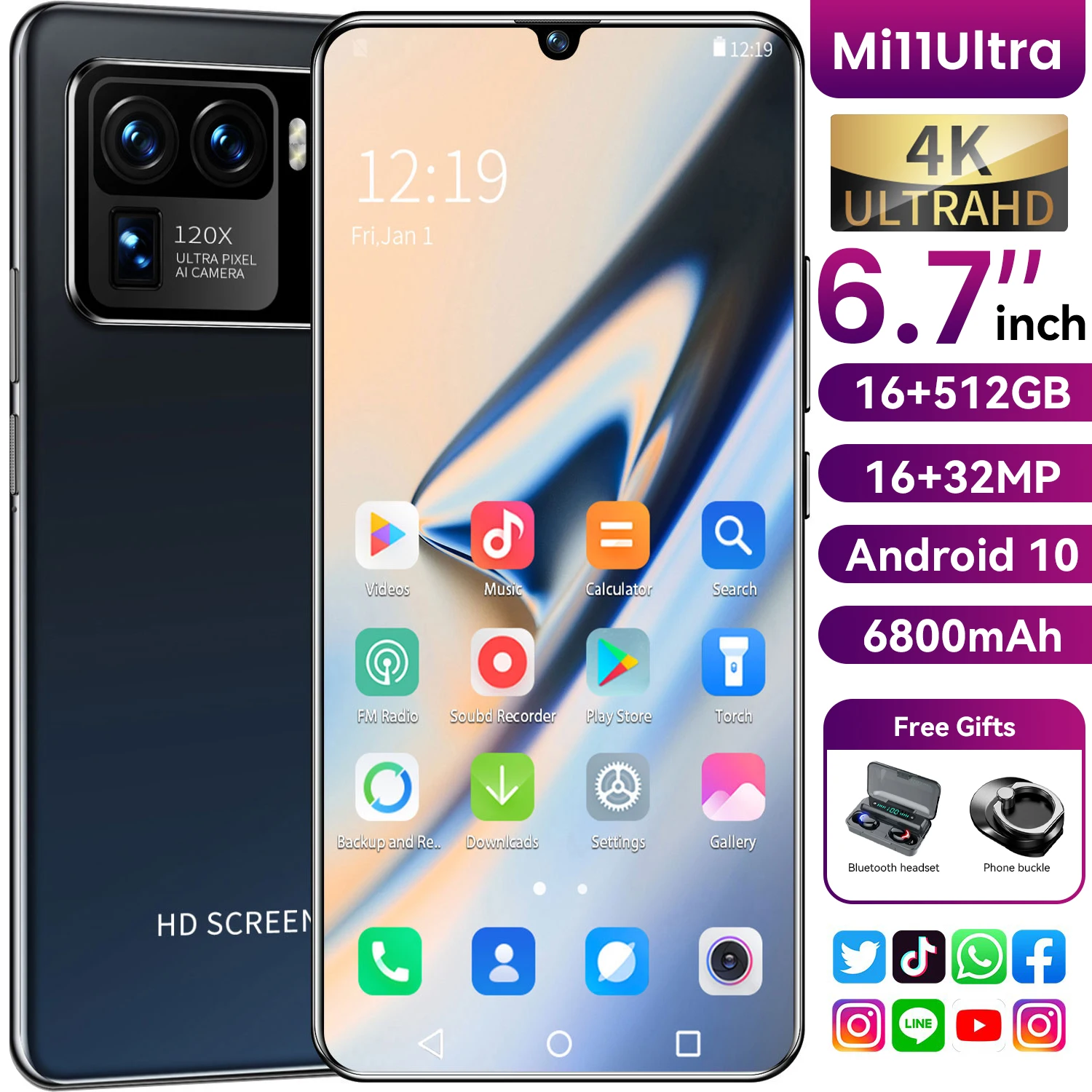 

Original Mi 11 Ultra 6.7Inch Global Version Smartphone 6800mAh 16+512GB Unlocked Android Phone HD Screen 4G Phone Support Google