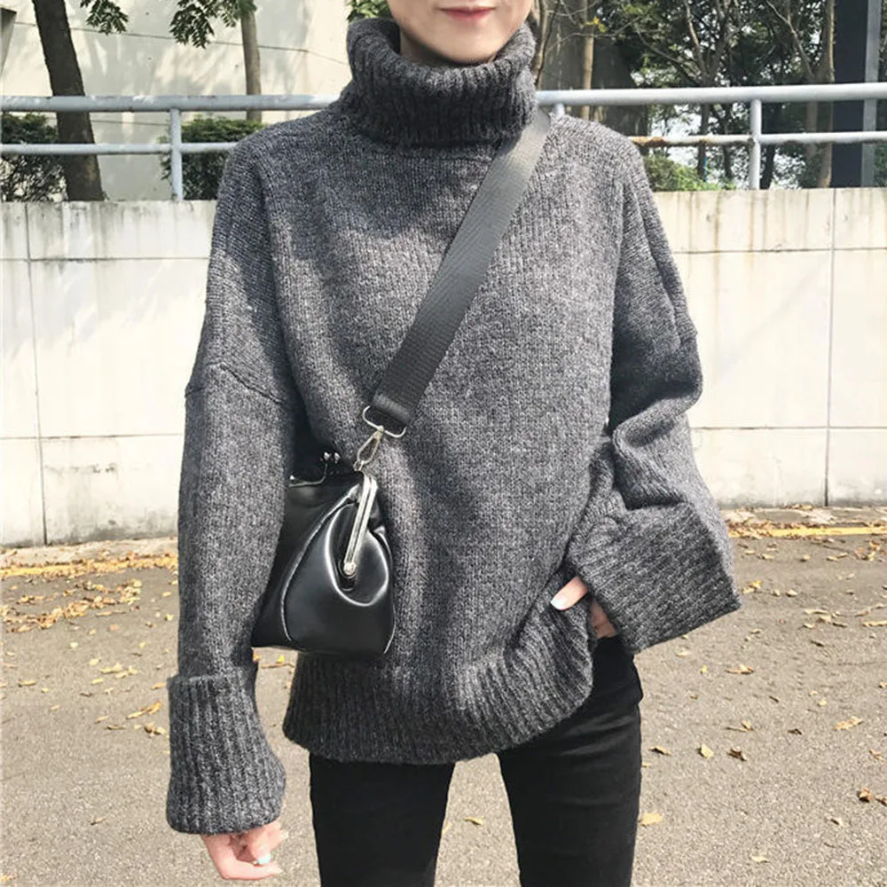 

Winter Women Long Sleeve Thicken Knits Sweater Fashion Casual Solid Color Pullover High Collar Loose Patchwork Mid-length Tops