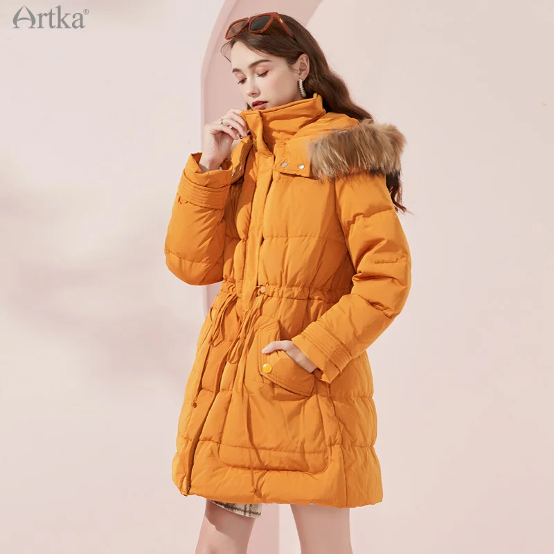 

ARTKA 2021 Winter New Women Down Coat Elegant Warm 90% White Duck Down Coat Raccoon Fur Hooded Midi Drawstring Outwear ZK15295D