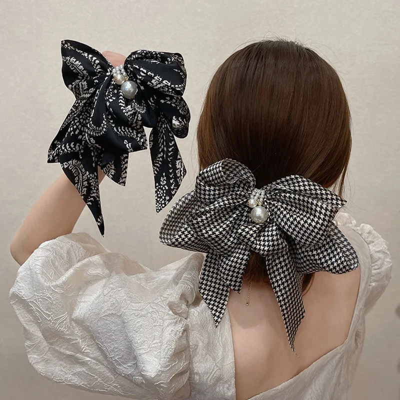 

New Oversize Bowknot Pearl Barrettes Net Yarn Hairpins Women Houndstooth Hair Clips Ribbon Hair Clips Ponytail Hair Accessories
