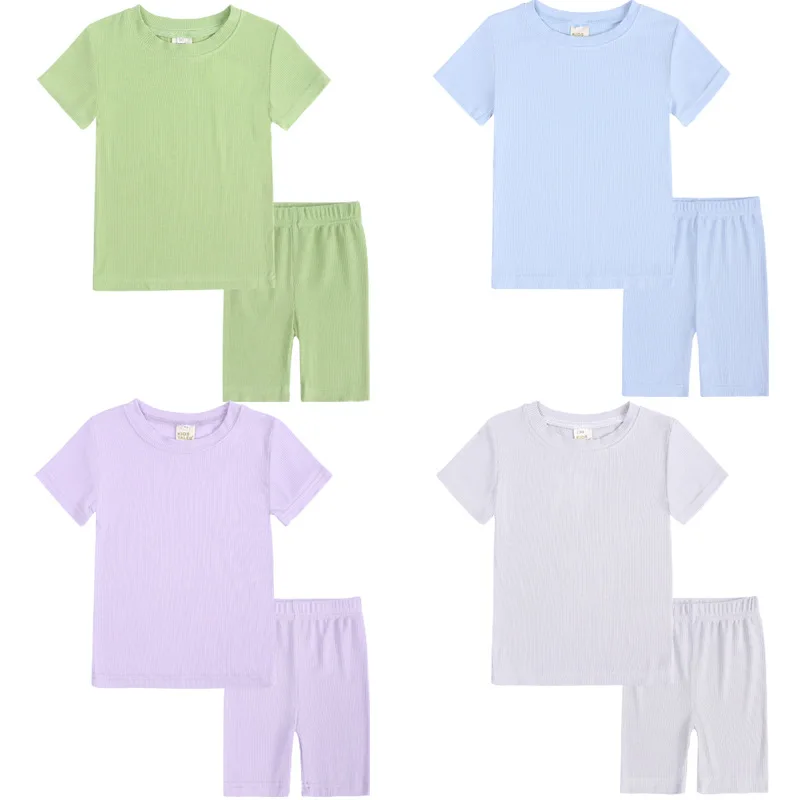 Summer Short Sleeve Pajamas For Girls Solid Color Children's Clothing Suit Pyjamas Kids Baby Boys Nightwear 12M-8T