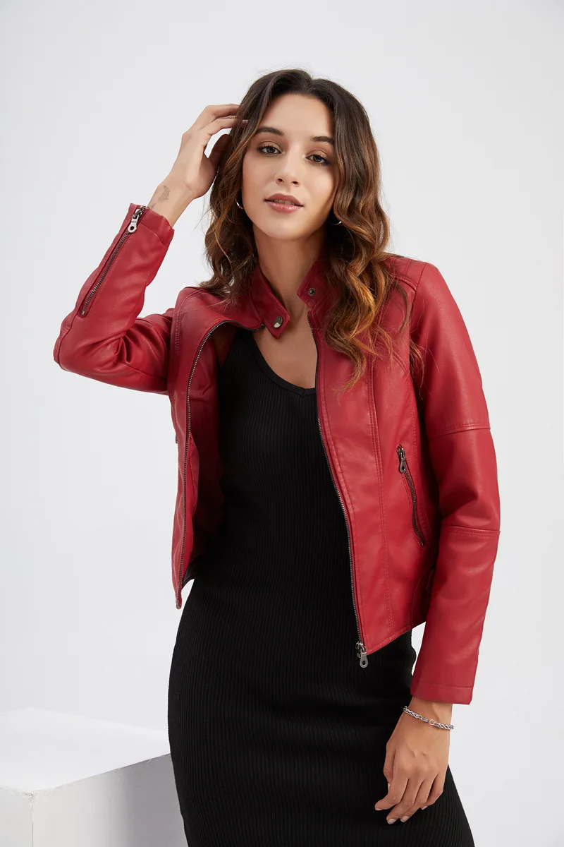 Women's Leather Clothing Slim Thin Spring Autumn Jacket Ladies Motorcycle Clothing Plus Size Stand-up Collar Leather Jacket