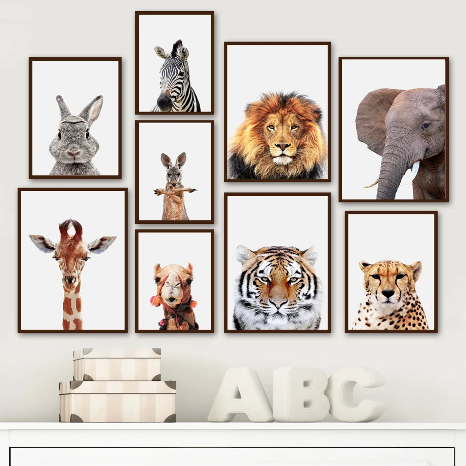 

Jungle Lion Tiger Giraffe Elephant Leopard Nursery Wall Art Print Canvas Painting Nordic Poster Decor Pictures Baby kids Room