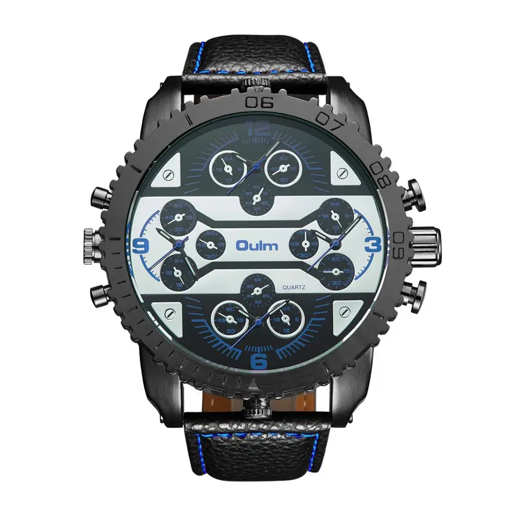 BLUE OULM спортивные кварцевые часы мужские большой чехол военные мужские s часы лучший бренд класса люкс кожаный ремешок 4 часовых пояса модные повседневные наручные часы - Цвет: BLUE