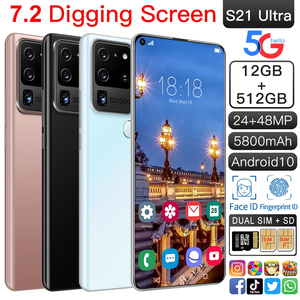 

S21 Smartphone Android 7.2in Unlocked Cell Phones Digging Screen 12+512GB 5800mAh 10Core 16+32MP Global Version Featured Phone