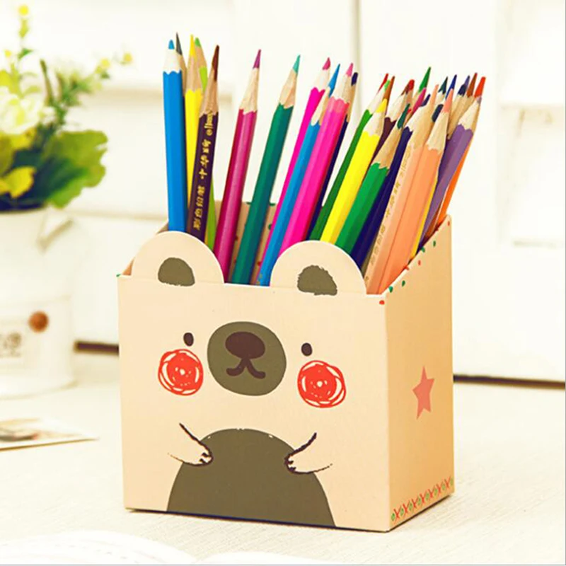 Милый медведь бумажная настольная Коробка органайзер DIY подставка для ручек и