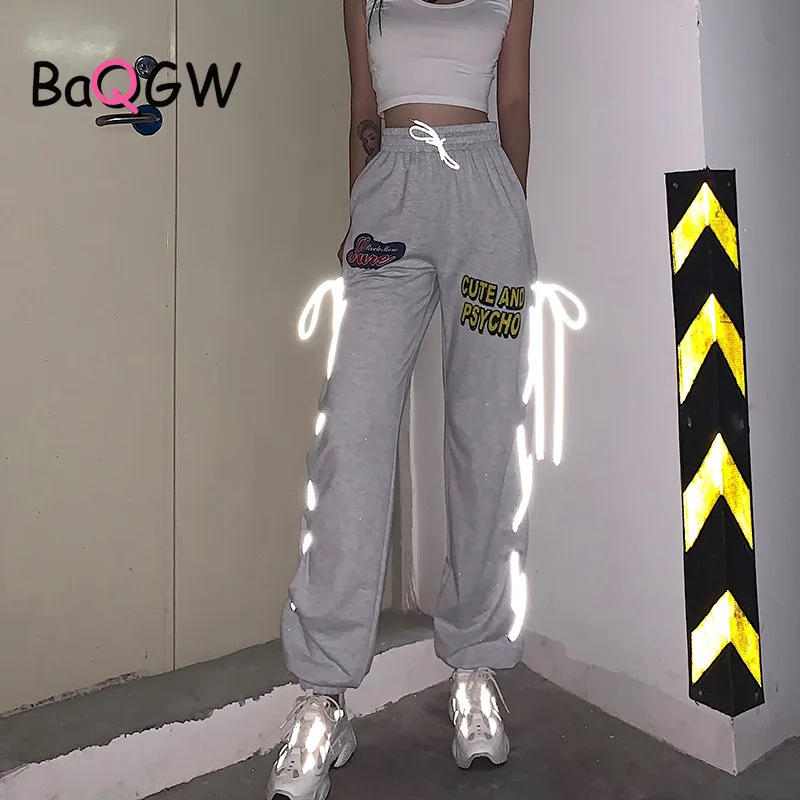 

BaQGW Reflective Lace Up Pants Women Streetwear Drawstring Female Casual Joggers Sweatpants Print Loose Warm Harem Pants Winter