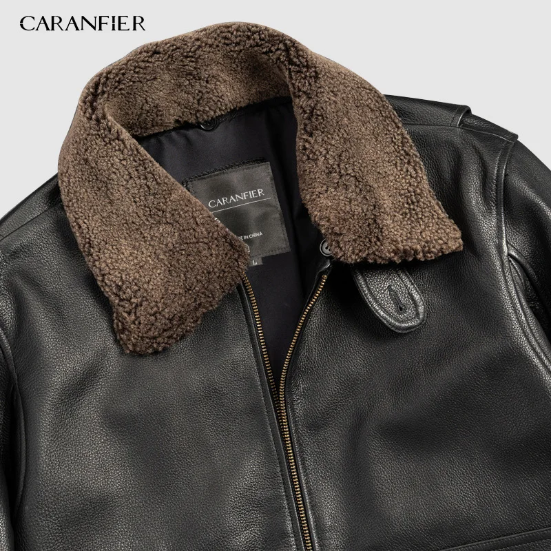 CARANFIER Air Force Flight костюм пилот меховой воротник Толстая теплая кожаная куртка из натуральной коровьей кожи куртка