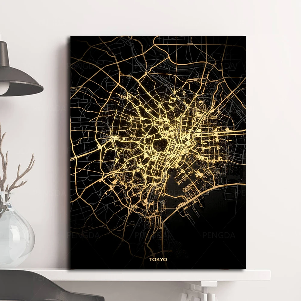 Город золотая линия цифровая карта Модульная картина холст настенные