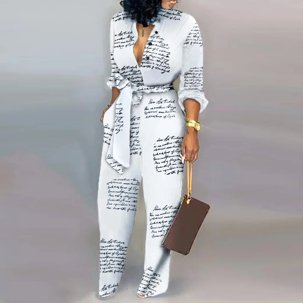 

Womens V Neck Letter Printed Long Sleeves Spring Belted Overall Fashion Office Ladies Rompers D30