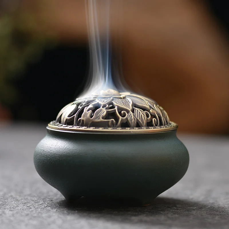 Античная керамическая курильница с ручкой и крышкой металлическая Арабская