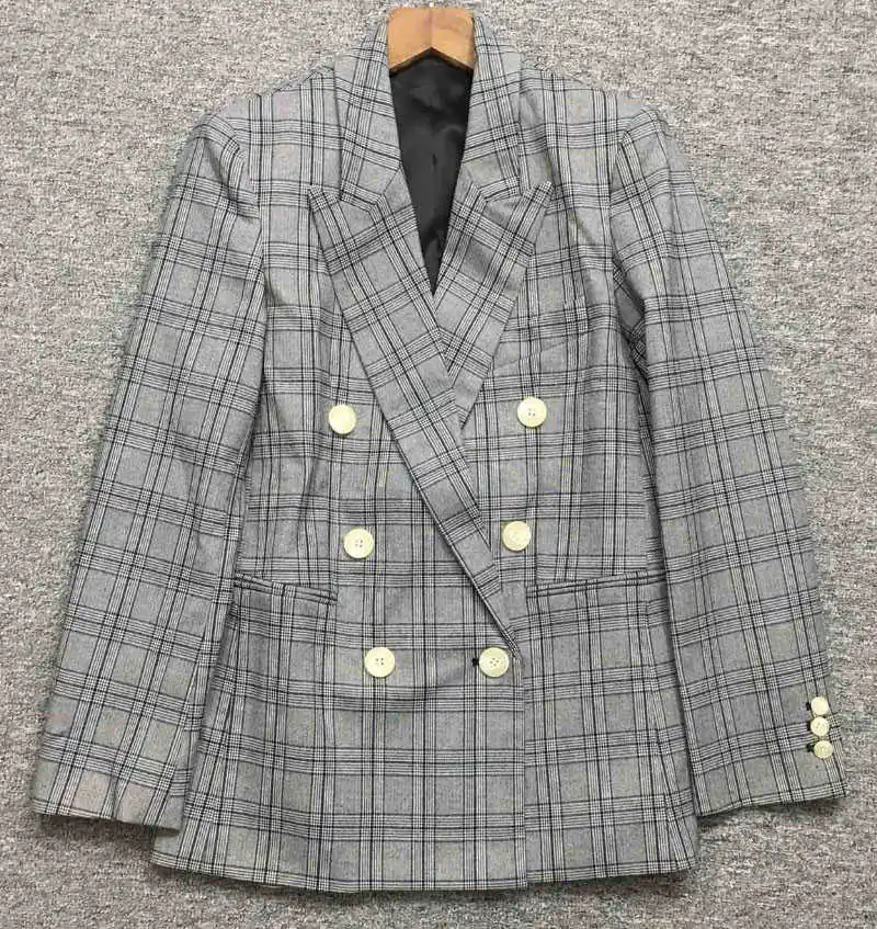 

Grey Checked Wool Blazer Double Breasted WELT Chest pockets Sides Flap Pockets Long SLeeves Coat Woman