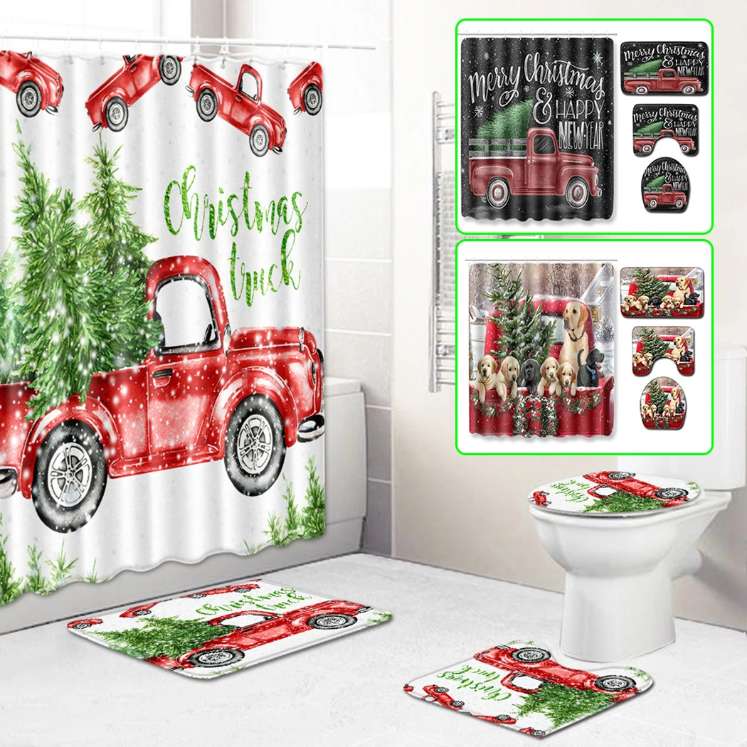 

4pcs/Set Shower Curtain Christmas Farmhouse Truck Pine Fir Tree Bathroom