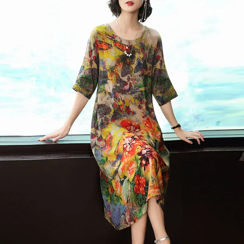 

Spring Summer New Silk Dress Female Fashion Loose Comfortable Vestidos Large Size M-3XL High Quality Party Elegant Dress HK329