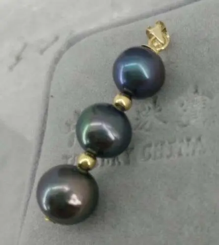 

Black round AAA 9-10 mm natural Tahitian pearl pendant necklace 925silver Gold