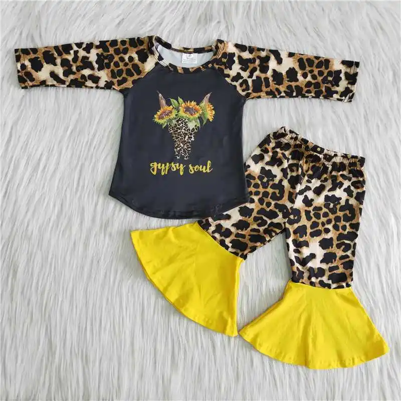 

0-16 Years Kids Children Clothes Sunflowers Heifer Print Yellow Leopard Kids Clothing Western Country Baby Outfits Casual Style