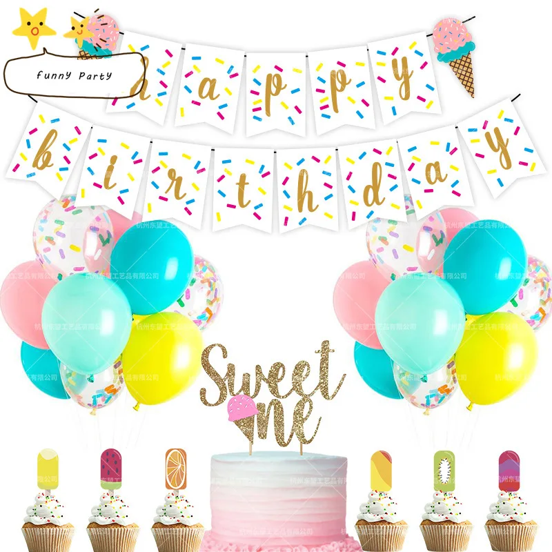 

49pcs Happy Birthday Summer Ice Cream Theme Birthday Party Decoration Glitter Banner Party Decoration