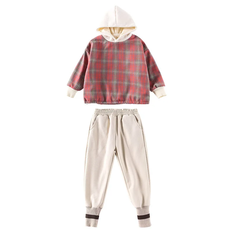 

Autumn Winter Girls Hoodies Pants Suit Warm Thick Plaid Hooded Sweatshirts Trousers Kids Fashion Casual Outfits Clothes 2pcs