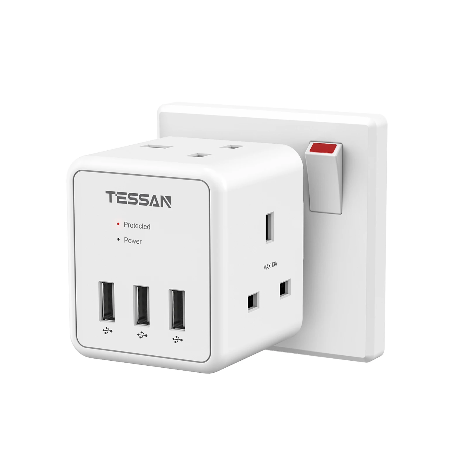

TESSAN 5-in-1 Cube Plug Extension Socket with 2 AC Outlets and 3 USB Ports UK Wall Socket Adapter with Surge Protection for Home