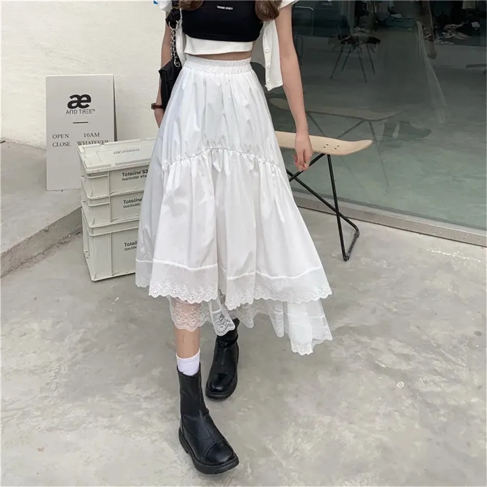 Vintage Black Gothic Y2K Long Skirt Autumn Lace Stitching Irregular Pleated Skirt Women White Korean Solid Hip Hop Streetwear