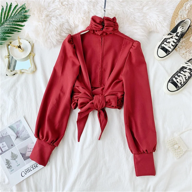Осень Новые корейские короткие укороченные топы женские с высокой талией с длинным рукавом с галстуком-бабочкой с открытой спиной блузки J613