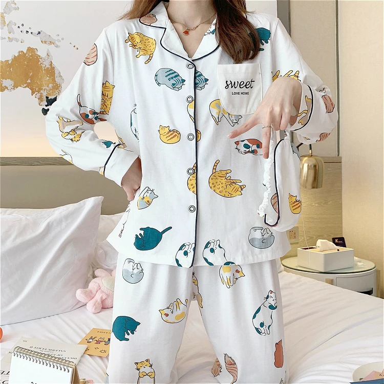 

Autumn Winter Warm Comfortable Pajama Lovely sexy Women Sleepwear Set Simple Cotton Women's Set Cardigan Button Pyjamas