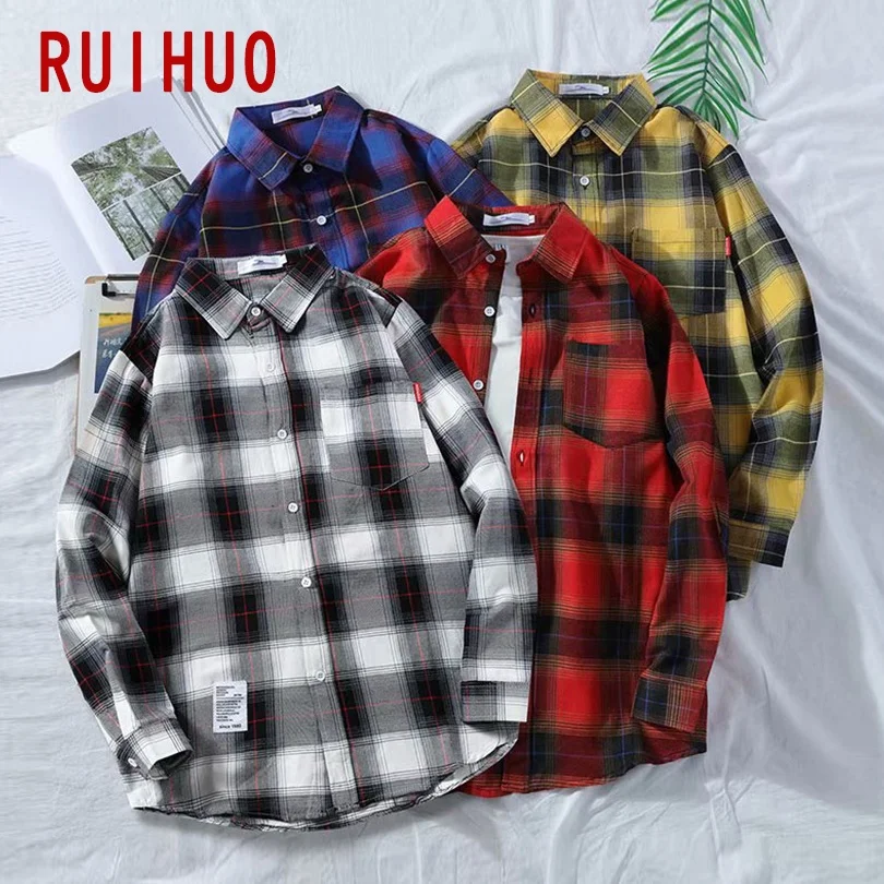 

RUIHUO Plaid Men Shirts For Men Clothing Korean Style Men Shirt Long Sleeve Harajuku Plaid Shirt Korean Clothes 3XL 2022 Spring