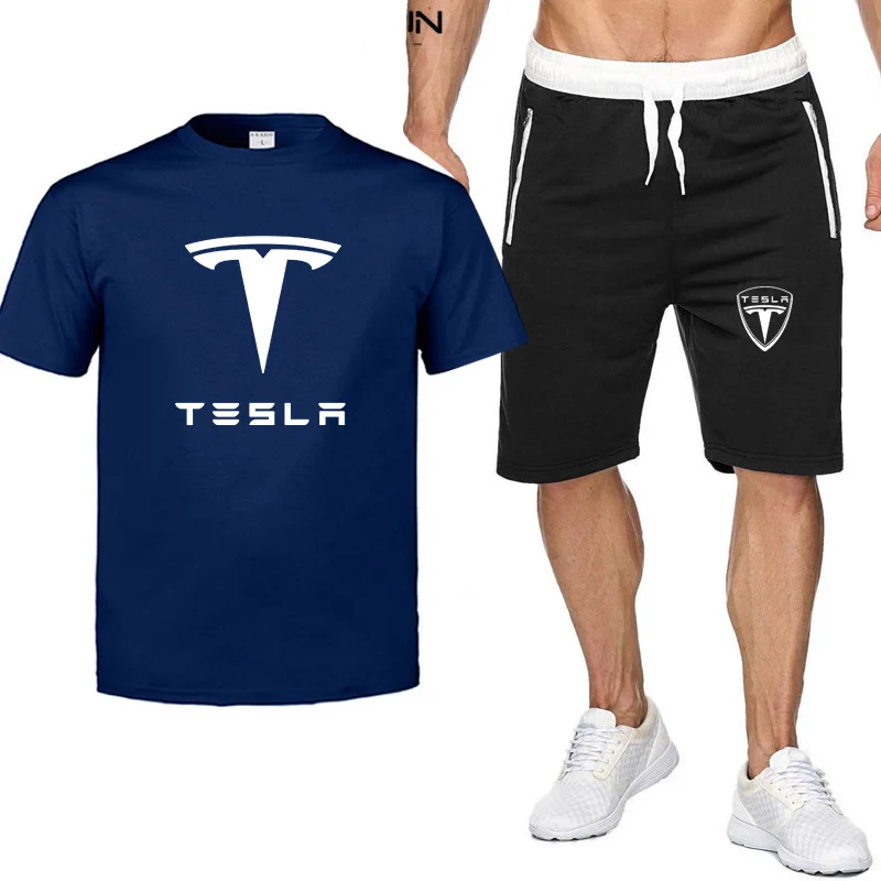 

2021 Summer Men's Brand Tesla Car Logo T-Shirt Set 2-Piece Sportswear Sports Fitness Printed Short Sleeve + Shorts Suit