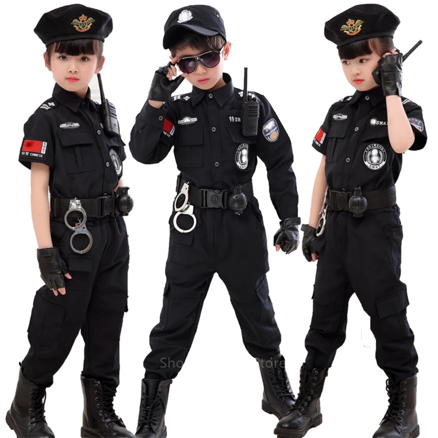 Children Traffic Special Police Halloween Carnival Party Performance Policemen Uniform Kids Army Boys Cosplay Costumes 110-160CM black police hat cosplay police accessories military hat uniform cap police uniform hat halloween party supplies