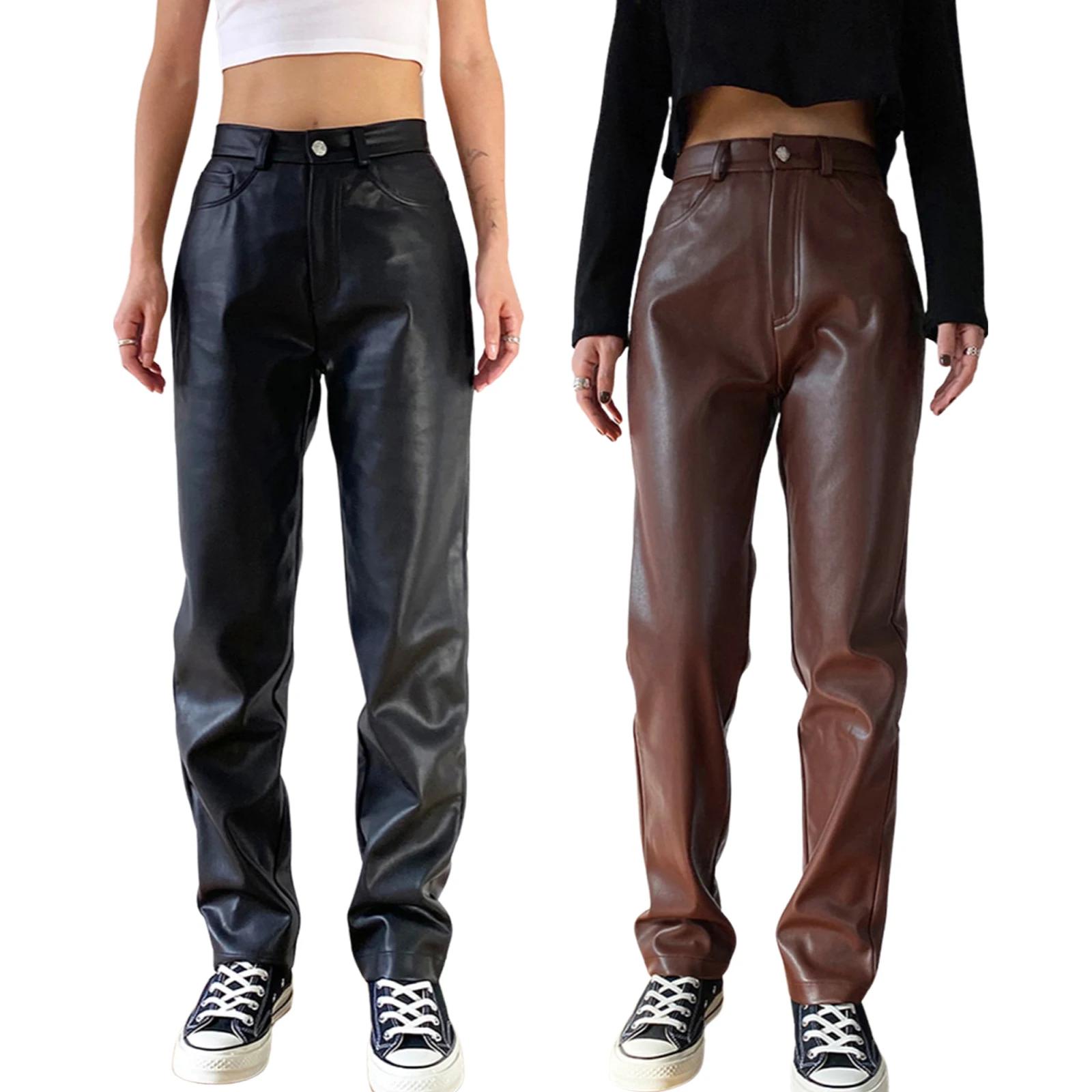 

Autumn Cargo Pants Women Casual Retro Y2K Black Faux Leather Pants High Waist Pants Pockets Sexy Straight Trousers Streetwear