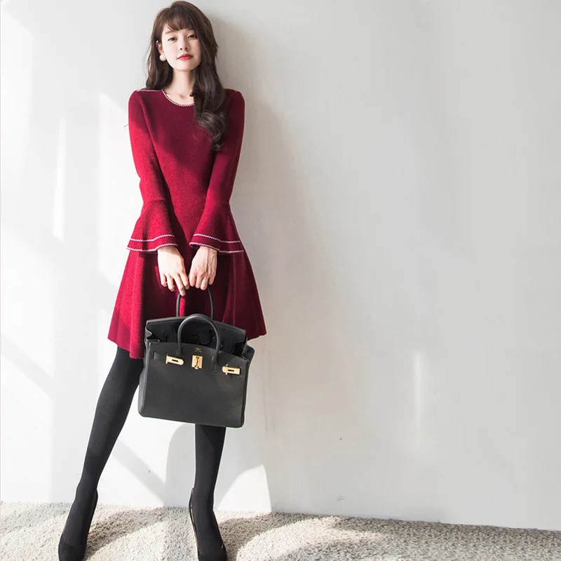 Вязаное платье с рукавом-колоколом Женская одежда Новинка 2019 стильный