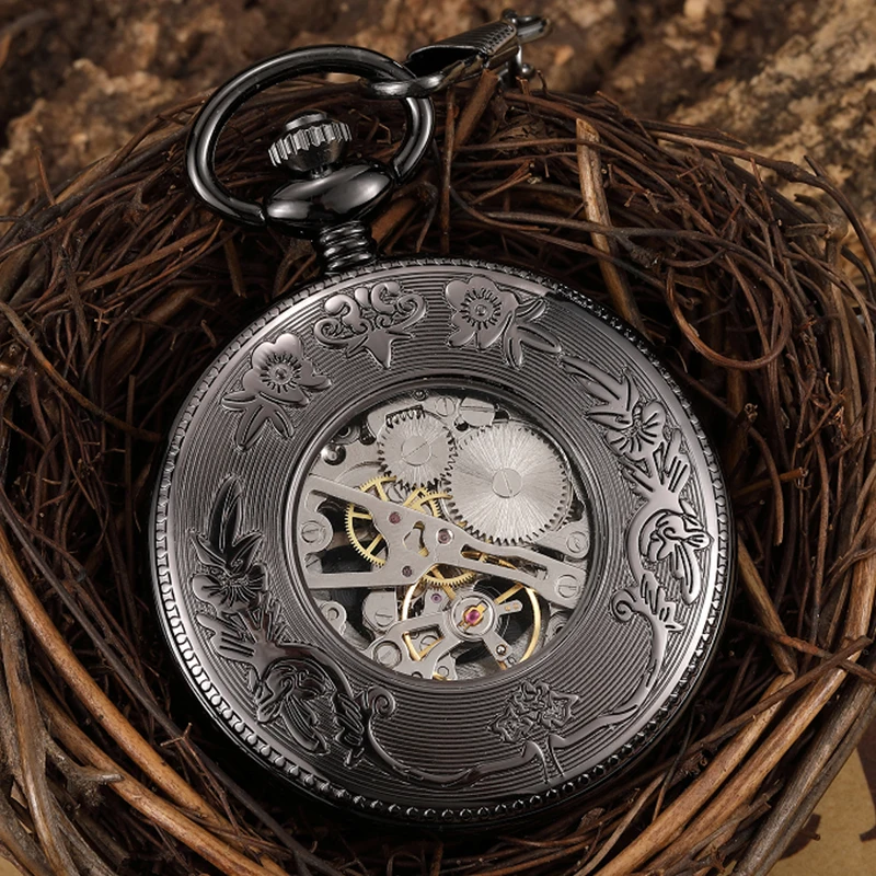 Mechanical Pocket Watch Antique Skeleton Dial Fob Chain Full Black Eagle Case Hanging Clock with Gift Box for Men Dropshipping